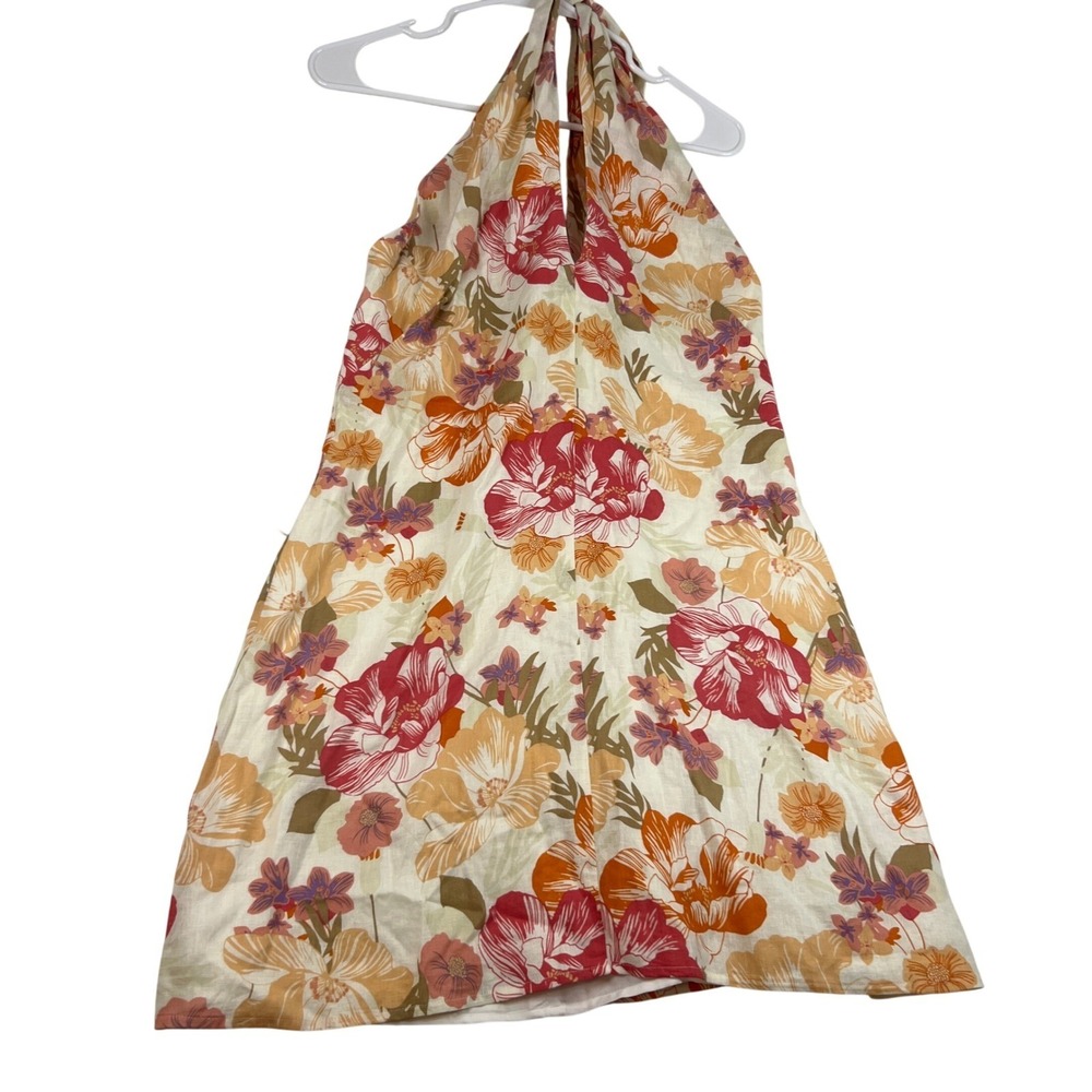 WAYF Cream Tropical Floral Linen Blend Halter Mini Dress 8 Medium